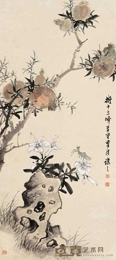 吴让之 石榴草虫图 立轴 84.7×37.9cm